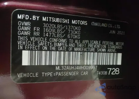 2021 Mitsubishi Mirage Carbonite Edition/Es/Le из США, поврежденный, VIN ML32AUHJ4MH009997